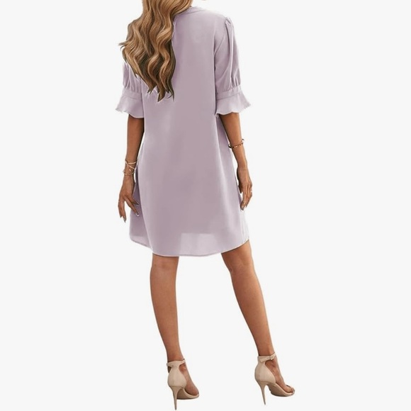 Famulily V Neck Puff Sleeve Solid Loose Fit Casual Summer Flowy Shirt Dress - Picture 4 of 11